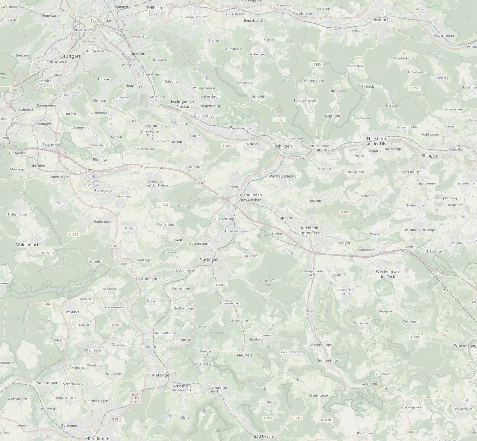 Karte der Region um Lenningen, Kirchheim unter Teck, Nürtingen, Esslingen und Stuttgart